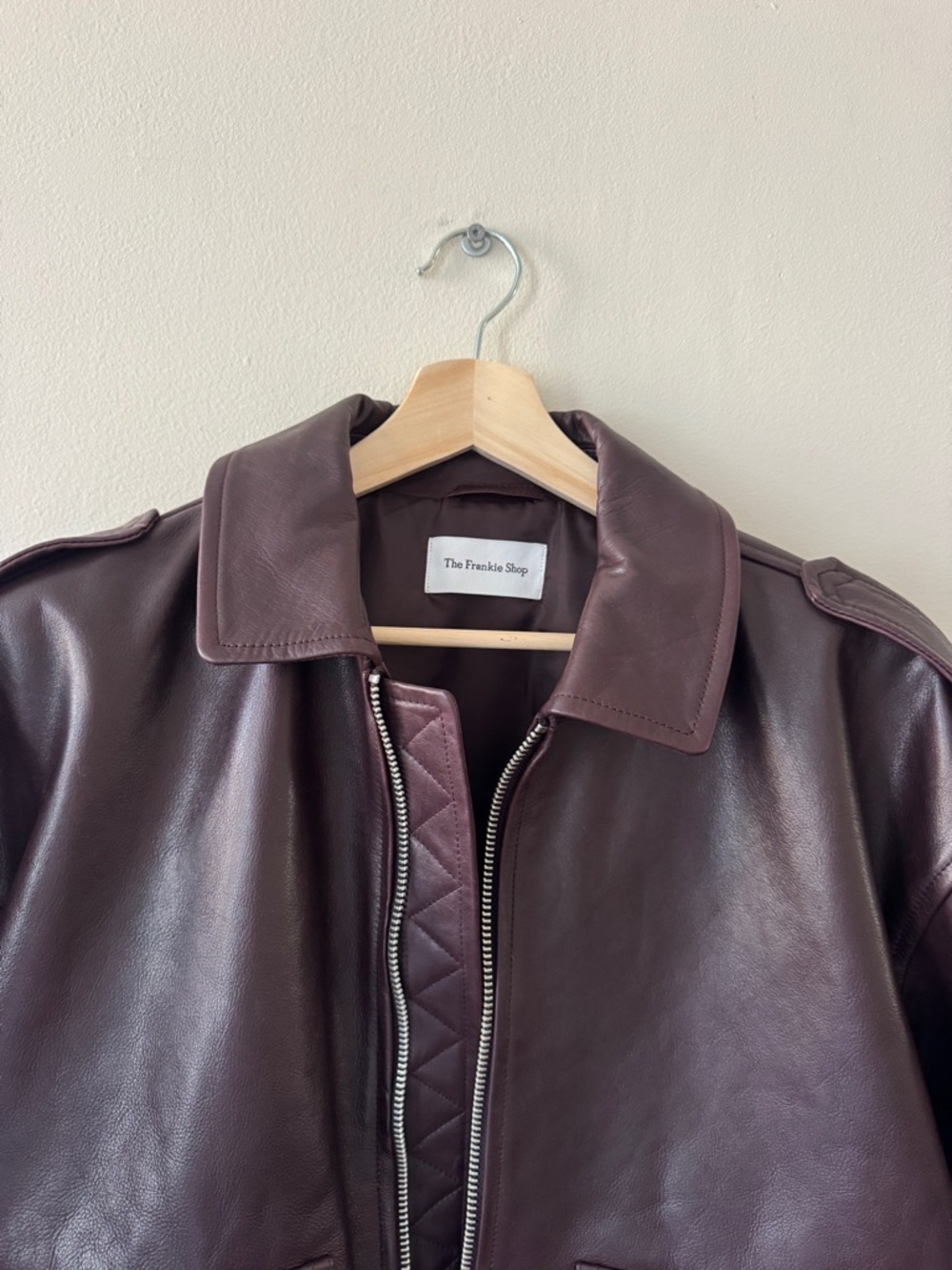 The Frankie Shop Viper Leather Bomber Jacket in Dark Plum - Picture 4 of 7
